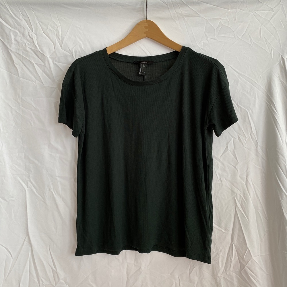 Forever 21 Dark Green Ribbed Loose Relaxed Fit T-Shirt